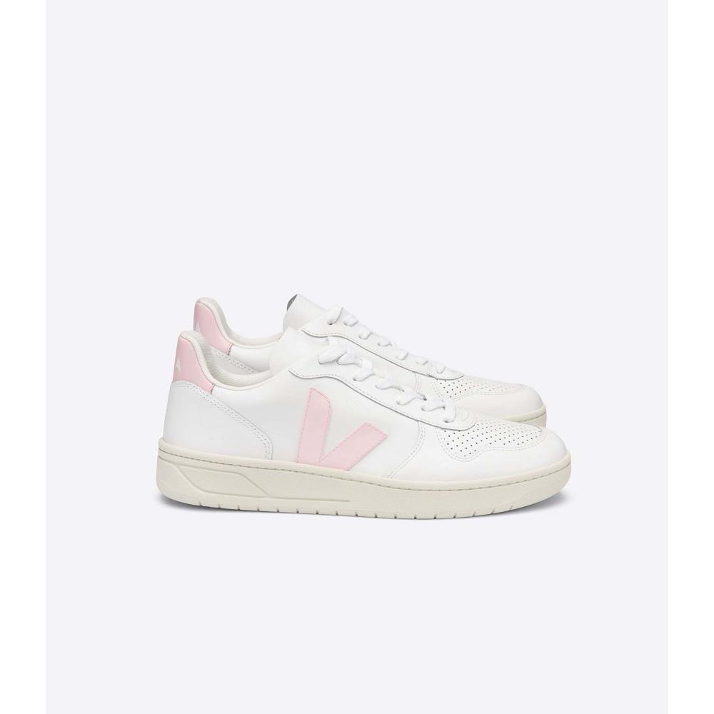 Women\'s Veja V-10 LEATHER Sneakers White/Pink | SG 659RVD